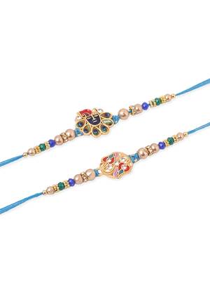   set of 2 blue artificial stones & beads thread rakhi with roli chawal chandan & mishri 2