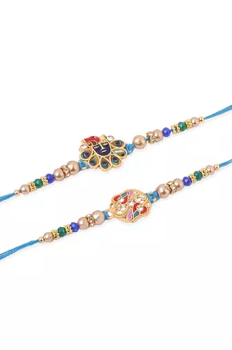   set of 2 blue artificial stones & beads thread rakhi with roli chawal chandan & mishri