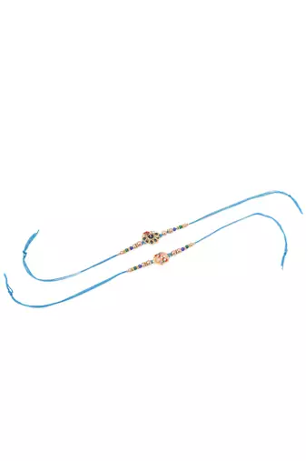   set of 2 blue artificial stones & beads thread rakhi with roli chawal chandan & mishri