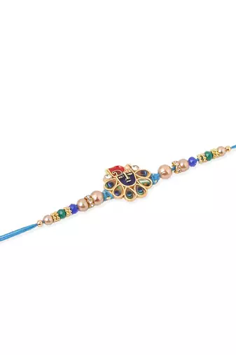   set of 2 blue artificial stones & beads thread rakhi with roli chawal chandan & mishri