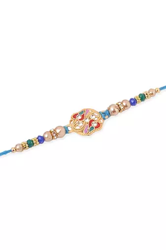   set of 2 blue artificial stones & beads thread rakhi with roli chawal chandan & mishri