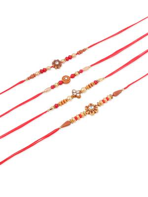   set of 4 red artificial stones & beads floral shape thread rakhi with roli chawal chandan & mishri 2