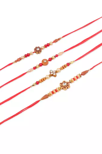   set of 4 red artificial stones & beads floral shape thread rakhi with roli chawal chandan & mishri