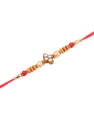   set of 4 red artificial stones & beads floral shape thread rakhi with roli chawal chandan & mishri 3