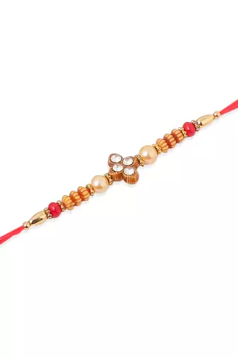   set of 4 red artificial stones & beads floral shape thread rakhi with roli chawal chandan & mishri