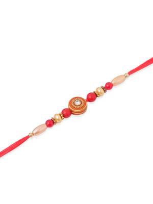   set of 4 red artificial stones & beads floral shape thread rakhi with roli chawal chandan & mishri 4