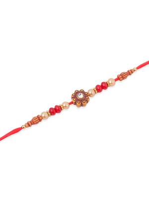   set of 4 red artificial stones & beads floral shape thread rakhi with roli chawal chandan & mishri 5
