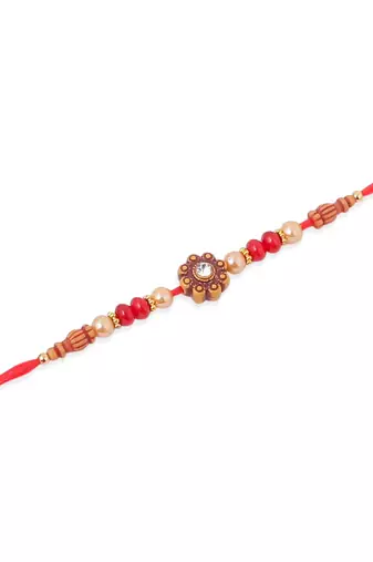   set of 4 red artificial stones & beads floral shape thread rakhi with roli chawal chandan & mishri