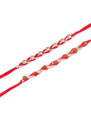   set of 2 red artificial stones & rudraksh thread rakhi with roli chawal chandan & mishri 2