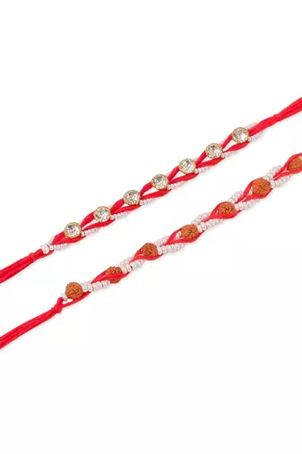   set of 2 red artificial stones & rudraksh thread rakhi with roli chawal chandan & mishri