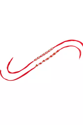   set of 2 red artificial stones & rudraksh thread rakhi with roli chawal chandan & mishri