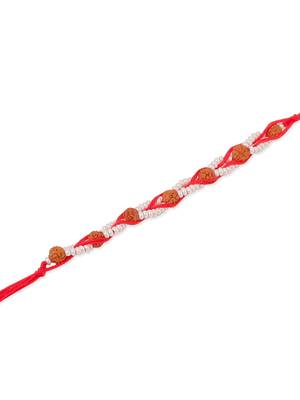   set of 2 red artificial stones & rudraksh thread rakhi with roli chawal chandan & mishri 4