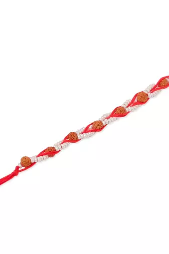   set of 2 red artificial stones & rudraksh thread rakhi with roli chawal chandan & mishri