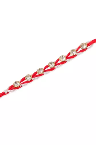  set of 2 red artificial stones & rudraksh thread rakhi with roli chawal chandan & mishri