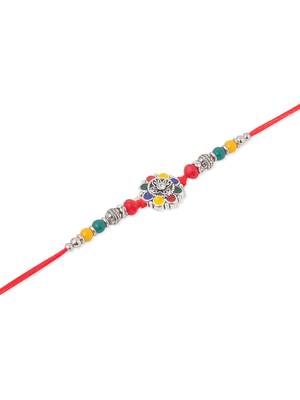 men multicolor artificial stones & beads floral design thread rakhi with roli chawal chandan & mishri 3