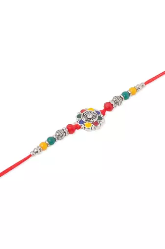 men multicolor artificial stones & beads floral design thread rakhi with roli chawal chandan & mishri