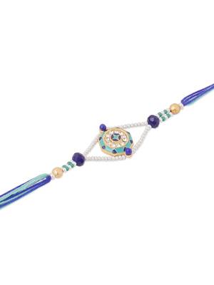men blue artificial stones & beads floral design thread rakhi with roli chawal chandan & mishri 3
