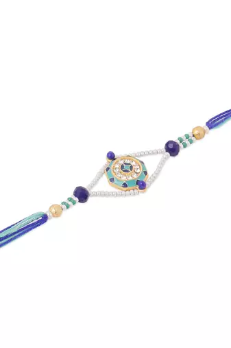men blue artificial stones & beads floral design thread rakhi with roli chawal chandan & mishri