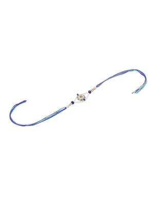 men blue artificial stones & beads floral design thread rakhi with roli chawal chandan & mishri 4