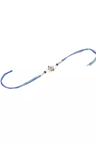 men blue artificial stones & beads floral design thread rakhi with roli chawal chandan & mishri
