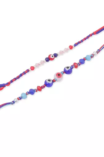   multicolor evil eye artificial beads thread rakhi with roli chawal chandan & mishri