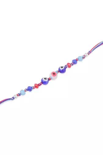   multicolor evil eye artificial beads thread rakhi with roli chawal chandan & mishri