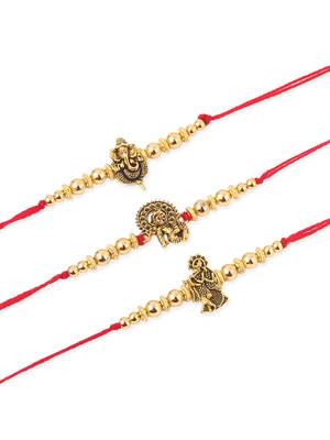   set of 3 gold toned designer ganesh ji thread rakhi with roli chawal chandan & mishri 2
