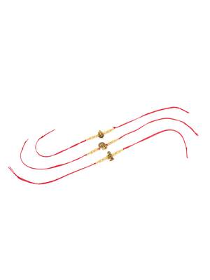   set of 3 gold toned designer ganesh ji thread rakhi with roli chawal chandan & mishri 3