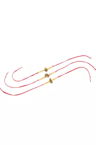   set of 3 gold toned designer ganesh ji thread rakhi with roli chawal chandan & mishri