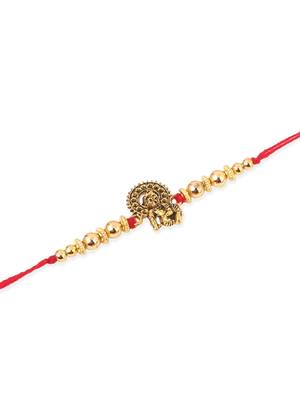   set of 3 gold toned designer ganesh ji thread rakhi with roli chawal chandan & mishri 5