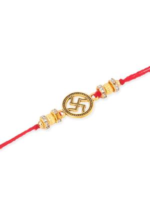   set of 4 gold toned artificial stones swastik design thread rakhi with roli chawal chandan & mishri 2