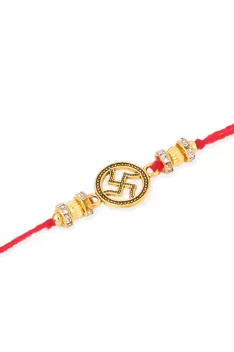   set of 4 gold toned artificial stones swastik design thread rakhi with roli chawal chandan & mishri