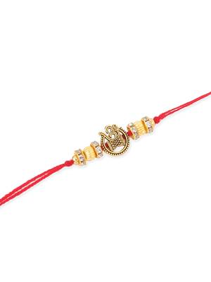   set of 4 gold toned artificial stones swastik design thread rakhi with roli chawal chandan & mishri 3