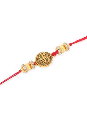   set of 4 gold toned artificial stones swastik design thread rakhi with roli chawal chandan & mishri 4