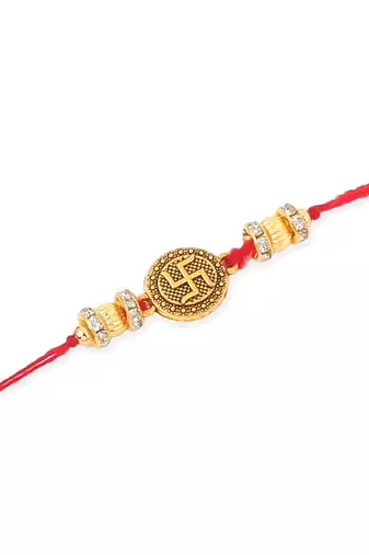   set of 4 gold toned artificial stones swastik design thread rakhi with roli chawal chandan & mishri