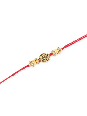   set of 4 gold toned artificial stones swastik design thread rakhi with roli chawal chandan & mishri 5