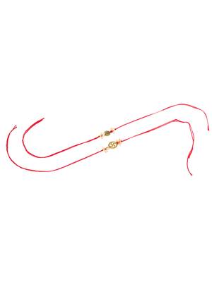   set of 2 gold toned pearls swastik desgin thread rakhi with roli chawal chandan & mishri 3