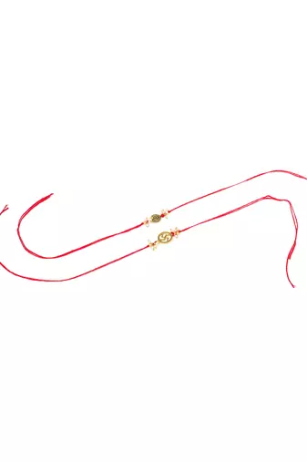   set of 2 gold toned pearls swastik desgin thread rakhi with roli chawal chandan & mishri