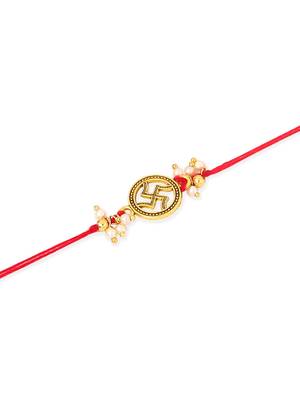   set of 2 gold toned pearls swastik desgin thread rakhi with roli chawal chandan & mishri 4