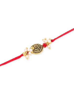   set of 2 gold toned pearls swastik desgin thread rakhi with roli chawal chandan & mishri 5