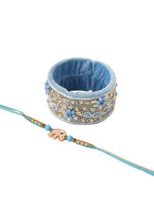  set of 2 blue artificial stones & beads floral bhaiya bhabhi rakhi with roli chawal chandan & mishri 2