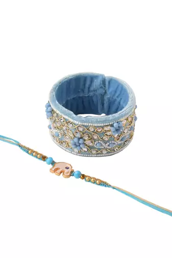  set of 2 blue artificial stones & beads floral bhaiya bhabhi rakhi with roli chawal chandan & mishri