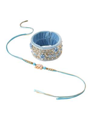  set of 2 blue artificial stones & beads floral bhaiya bhabhi rakhi with roli chawal chandan & mishri 3