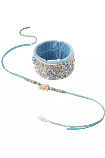  set of 2 blue artificial stones & beads floral bhaiya bhabhi rakhi with roli chawal chandan & mishri
