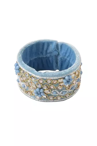  set of 2 blue artificial stones & beads floral bhaiya bhabhi rakhi with roli chawal chandan & mishri