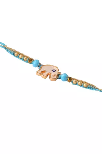  set of 2 blue artificial stones & beads floral bhaiya bhabhi rakhi with roli chawal chandan & mishri