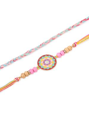   set of 2 multicolor artificial stones & beads thread rakhi with roli chawal chandan & mishri 2