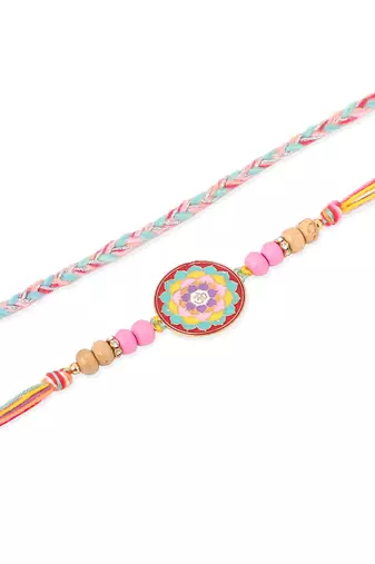   set of 2 multicolor artificial stones & beads thread rakhi with roli chawal chandan & mishri