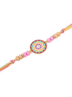   set of 2 multicolor artificial stones & beads thread rakhi with roli chawal chandan & mishri 4