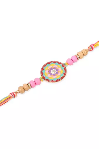   set of 2 multicolor artificial stones & beads thread rakhi with roli chawal chandan & mishri